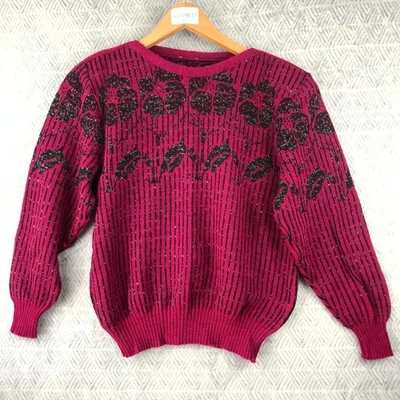 Vintage Pull Femme XL Bordeaux Noir Lurex Motif Floral Épaulettes Hiver Enfiler - Photo 1/4