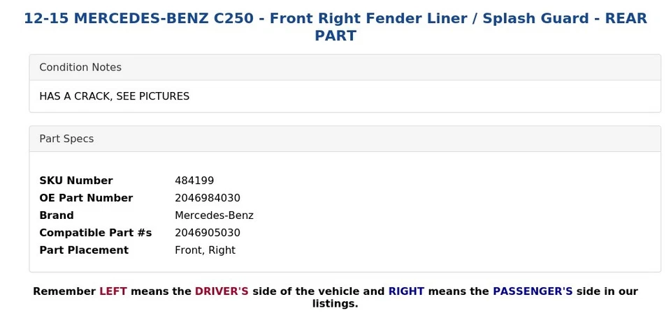 12-15 MERCEDES-BENZ C250 - Guardabarros delantero derecho / Protector contra salpicaduras - PIEZA TRASERA Foto 4 de 4