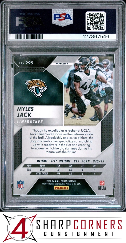2016 PANINI PRIZM SILVER #295 MYLES JACK RC PSA 10 - Image 2 of 3