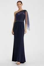 Mac Duggal 79392 Sz 12 Navy Blue One Shoulder Embellished Jersey Gown $698