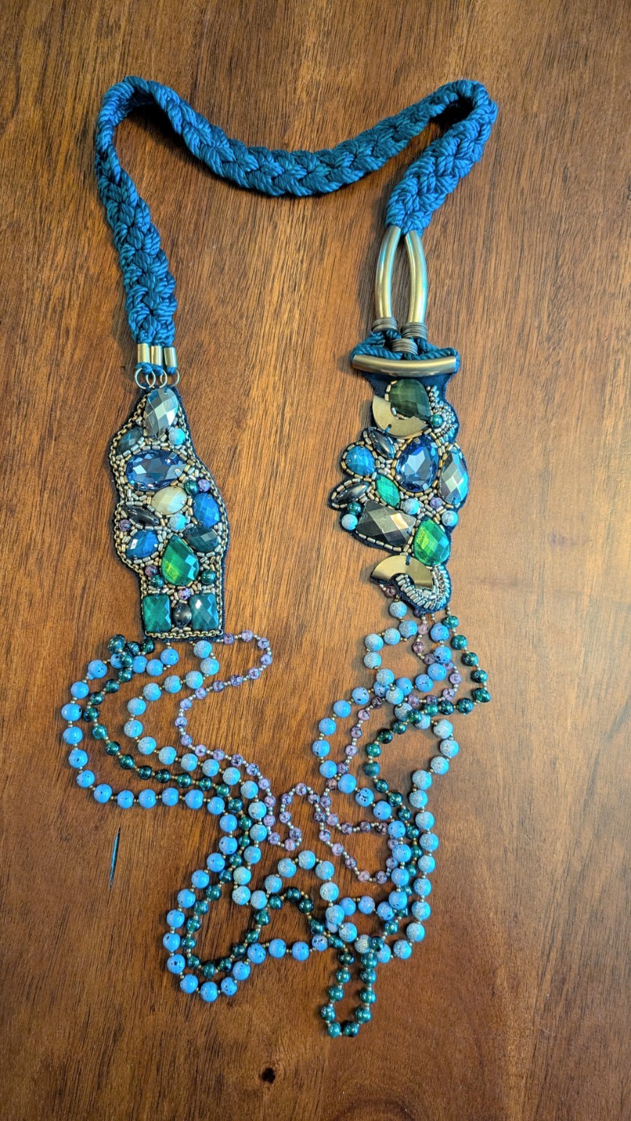 Mixed Materials Artisan Statement Necklace Blue P… - image 1