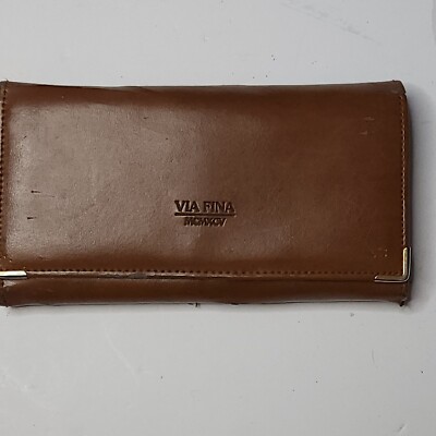 Vintage Via Fina Original Design Ladies Wallet Genuine Leather Trim Brown 