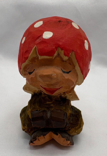 Vintage Henning Hand Carved Wooden Troll Figurine Mushroom Cap Norway Folk Art