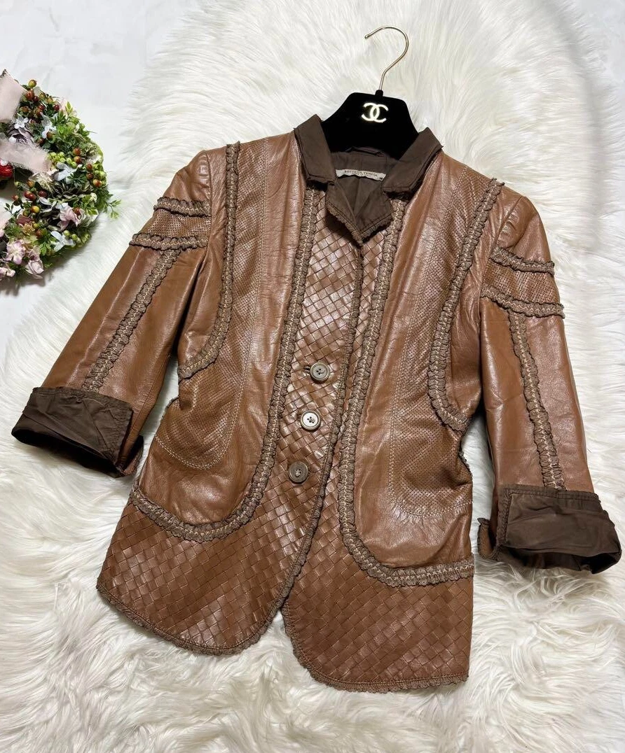 BOTTEGA VENETA Intrecciato Switching Giacca Pelle Frill Tuping Taglia 40 Marrone