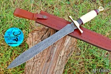HANDMADE FORGED DAMASCUS STEEL DOUBLE EDGE BLADE SWORD W/ CAMEL BONE HANDLE-1660