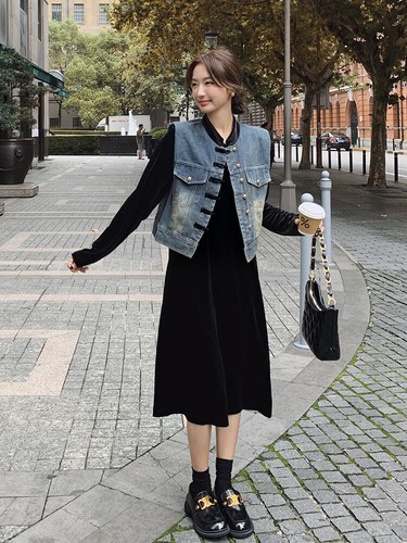 Midi Dress Denim Vest Set Women Long Sleeve Round Neck Black Velvet Size 6-14 - Picture 5 of 18