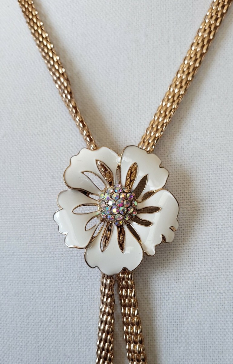 Mia Collection Gold Tone Chain Slide Enamel White Flower