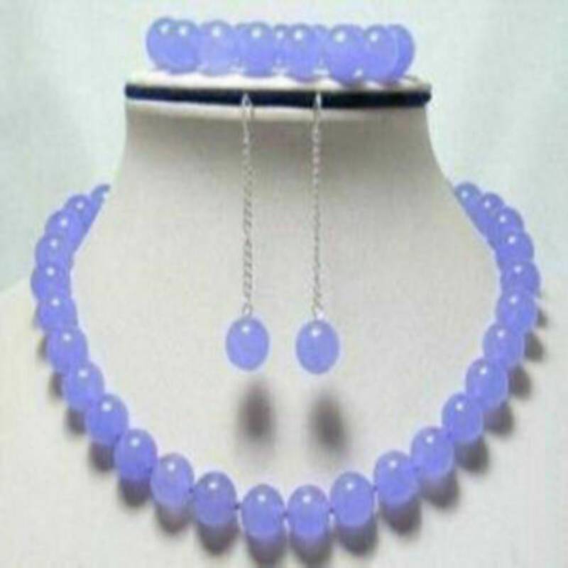 10mm Natural Lavender Jade Beads set Necklace Bracelet Earrings Amulet Stainless