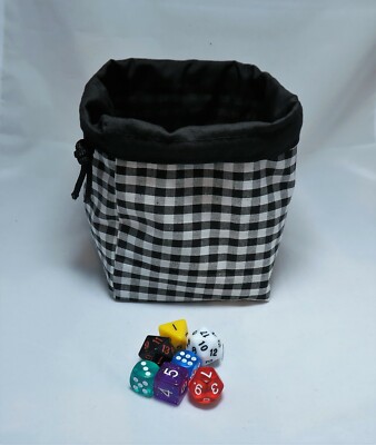 Black and White Check Square Base Dice Bag - Reversible Tile Pouch Meeple D&D