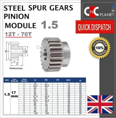 MODULE 1.5 17mm TOOTH FACE WIDTH STEEL SPUR GEAR PINION COG CNC PLASMA ROUTER UK