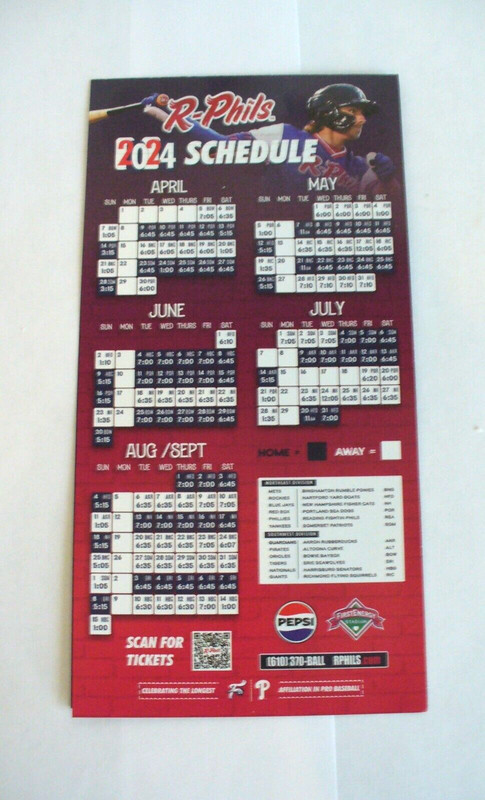 MILB - Reading Phillies "2024" (Once Folded) Pocket Schedule - NEAR MINT - VINT.