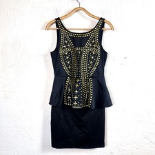 DOTTI Womens Dress Size M Black/Glold Stretch Knit Sleeveless Stud Detail Peplum