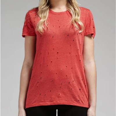 IRO Top Womens Extra Small Clay Cutout Linen Tee In Red Distressed TShirt Crew