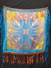 vintage Mahal WWII silk piano shawl brocade woven fringes wrap scarf A116