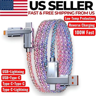 4-in-1 LED RGB Fast Charging Cable USB-C Micro Connector Cord for iPhone Android