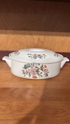 Vintage Oval Ceramic Floral Casserole Dish with Lid   White, Made in Japan