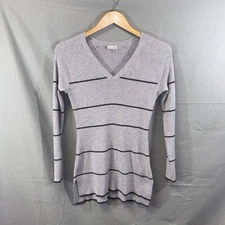 Smartwool Sweater Womens XS Gray Striped Wool Blend Ribbed V-Neck Long Sleeve