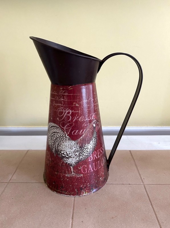 Tall 11" Metal Pitcher, Rooster Design, Vintage Farmhouse Look