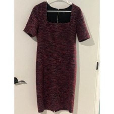 Ann Taylor Boucle Sheath Dress Womens 8 Red Black Textured Tweed Career Midi