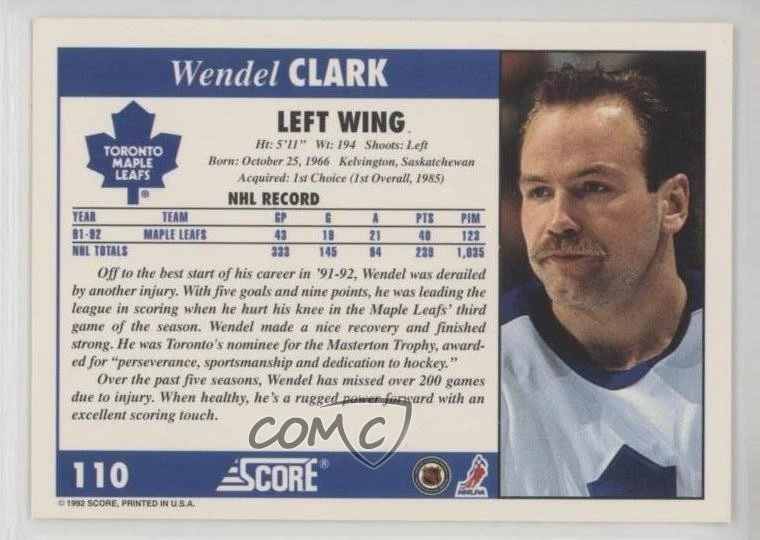 1992-93 Score Wendel Clark #110 - Image 2 of 2