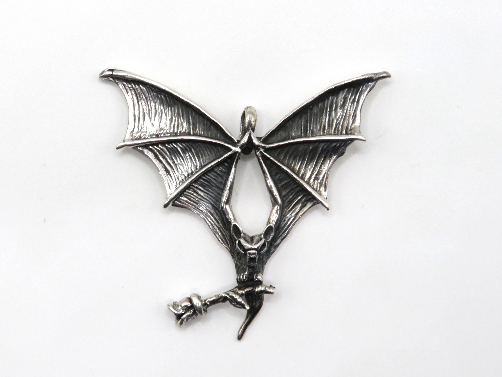 Vintage Sterling Silver Bat Brooch Pendant Gothic Hanging Bat 925