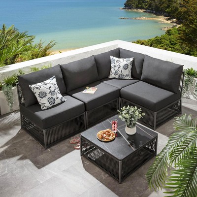Luxury Garden L-Shape Corner Sofa Seat Outdoor Patio Grey Rope