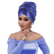 Auto Gele Tassel Beads Headtie African Women Head Wrap Nigerian Turban Cap Hat