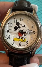 Vintage Mickey Mouse Silver tone Watch Genuine Leather Black Band