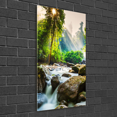 Wand-Bild Kunstdruck aus Hart-Glas Hochformat 50x100 Wasserfall im Wald