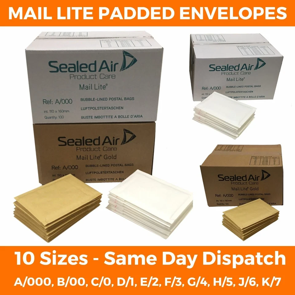 MAIL LITE LITES WHITE GOLD PADDED BUBBLE ENVELOPES / BAGS ALL SIZES POST MAILER