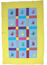 Hand Print Homemade Childs Crib Quilt 70  x 46  Unisex Throw Handprint Blanket