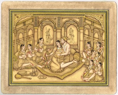 Mughal Old Miniature Painting Of Shah Jahan and Mumtaz Mahal Haram Scene13X10.5''