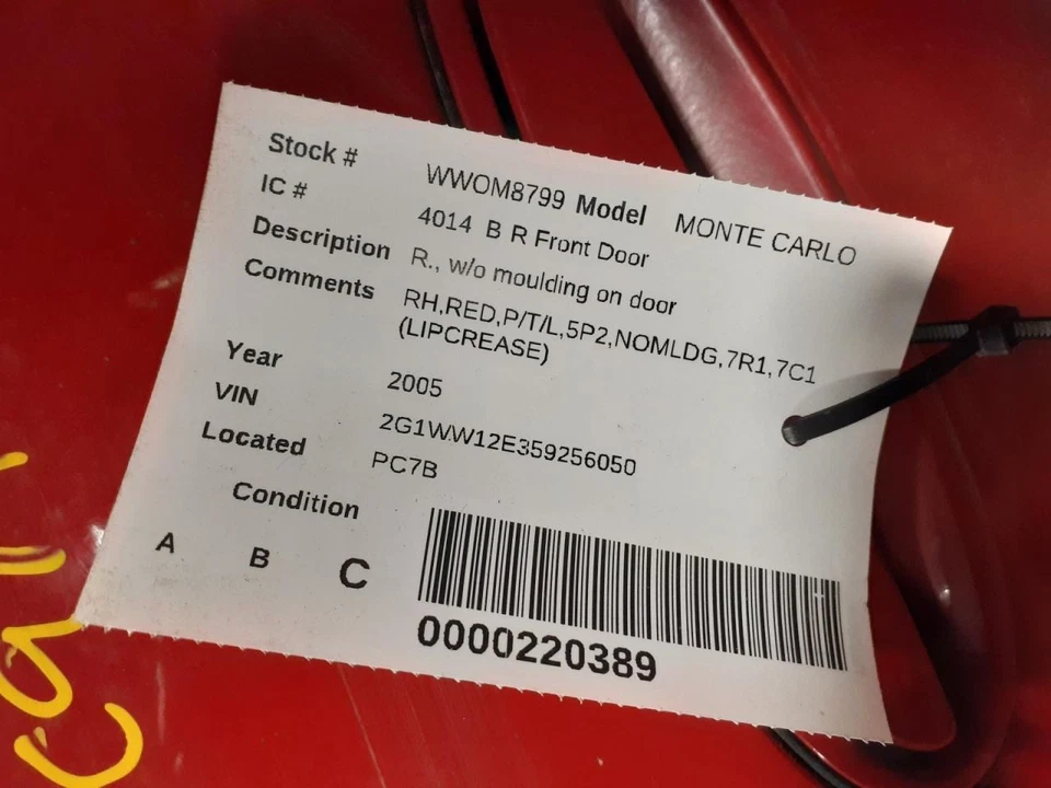 Passenger Front Door Without Moulding On Door Fits 00-07 MONTE CARLO 605619 Foto 3 de 3