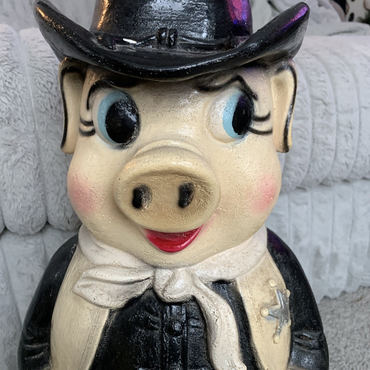 Rare 1950 Vintage JUMBO Chalkware Sheriff Pig Piggy Bank Western