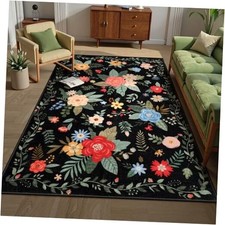 Black Floral 5x7 Kids Rugs for Playroom, Cottage Core Rug for Bedroom Dorm