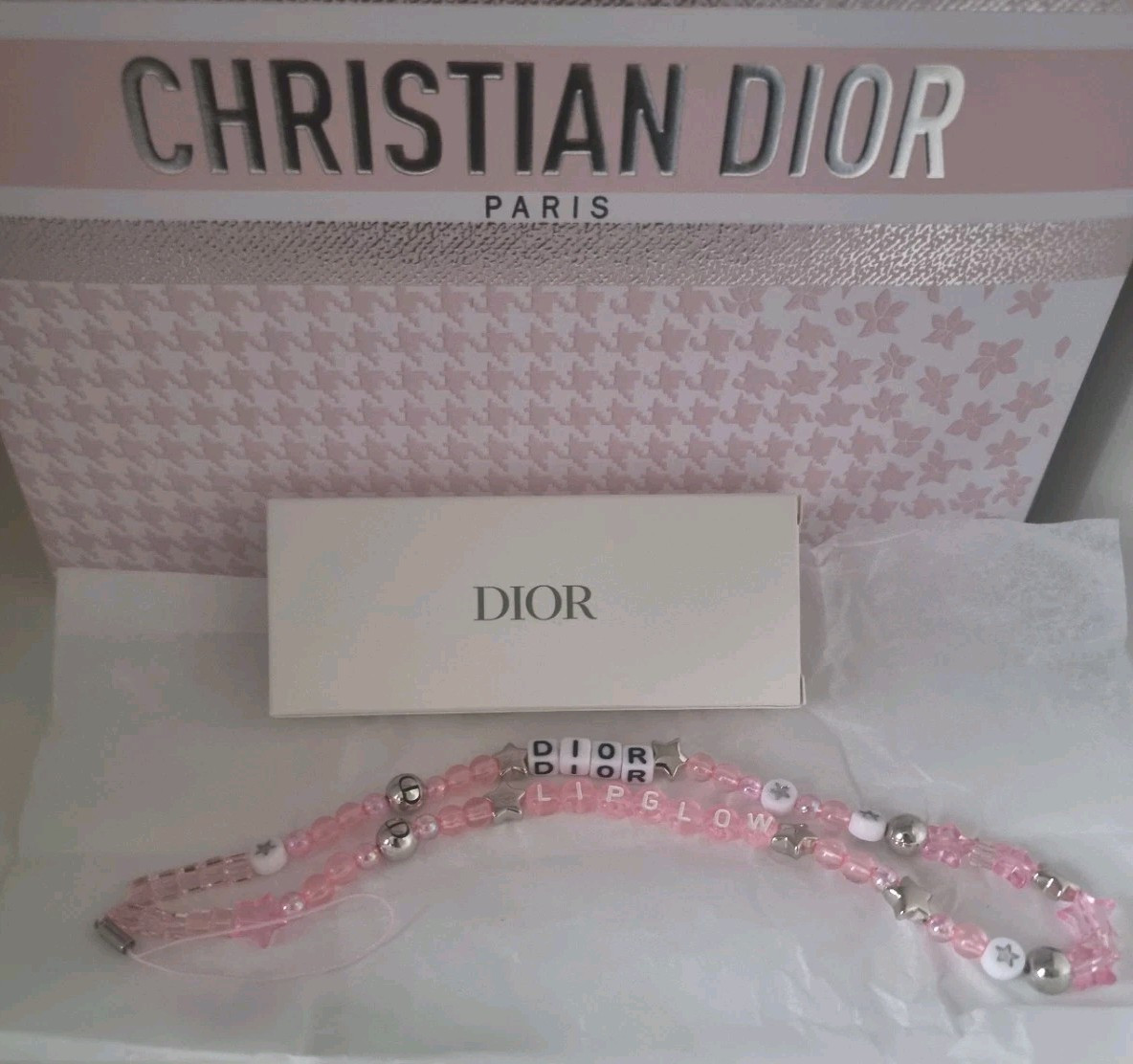 【希少】Dior Logo Pink Rhinestone Bracelet Christian Dior Bracelet Pink Trotter Flower D Logo Charm