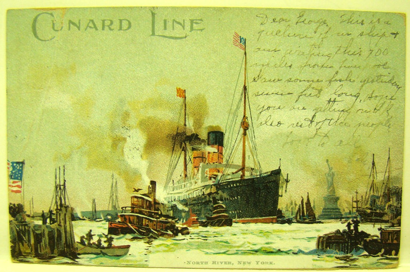 picture postcard pre WWI; Cunard Line ship North River New York tugboat 1905