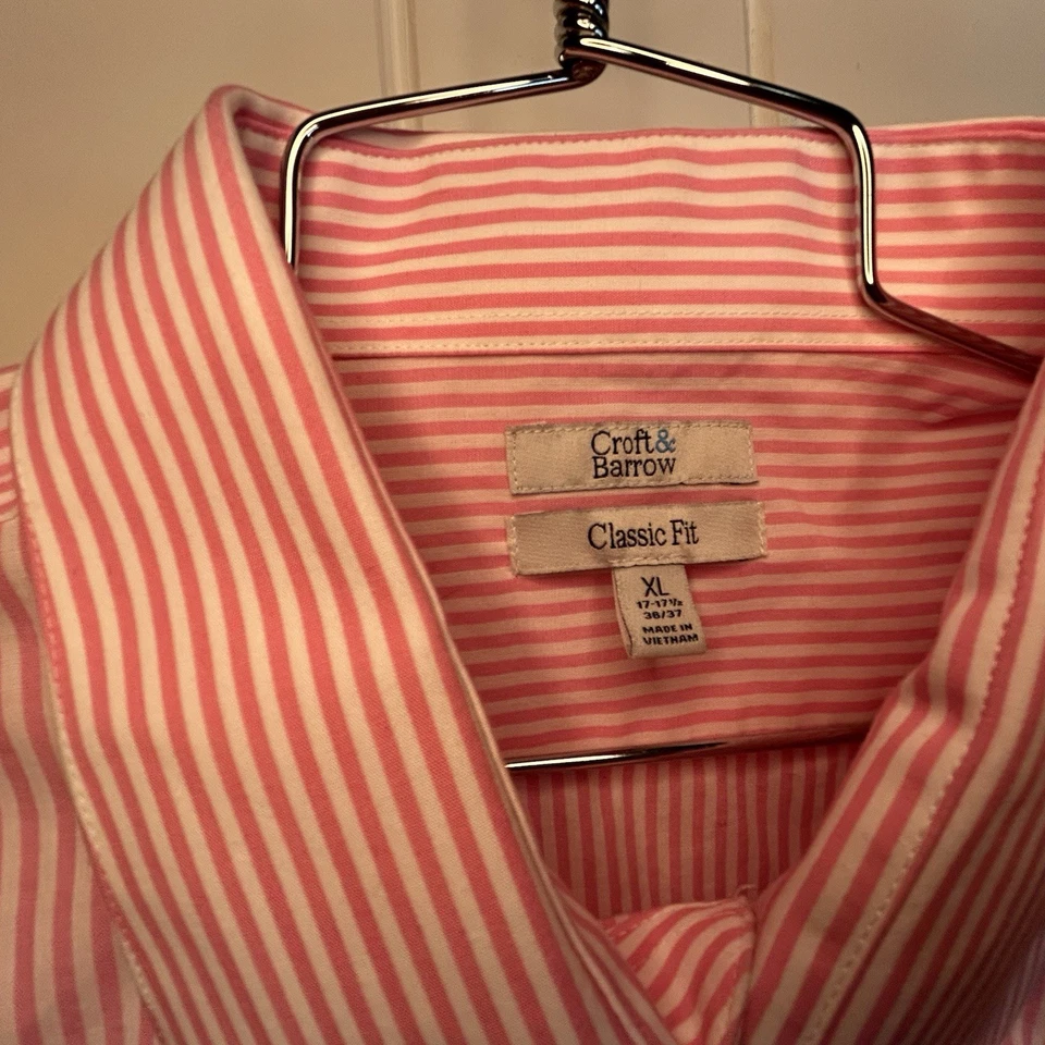 Camisa Croft & Barrow Para Hombres XL 17-17.5 Abotonada Manga Larga Rosa Blanco Rayas Foto 4 de 4