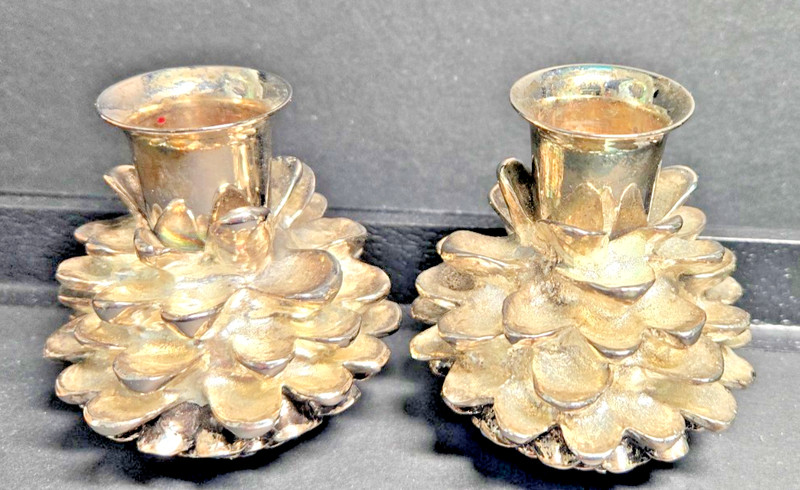 Vintage Silver Planted Holiday Pinecone Taper Candle Holders Christmas