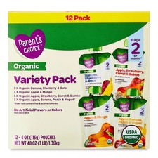 Parent's Choice Organic Variety Pack Baby Food, Stage 2, 4 oz Pouches, 12 Count