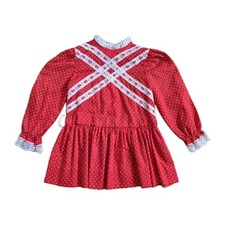 Vintage Polka Dot Long Sleeve Dress Girls 4T Union Made USA Red White Lace Trim