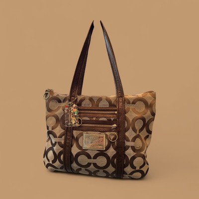 Khaki Jacquard Canvas Exterior, Metallic Gold Leather Trim with Two Hang Tags