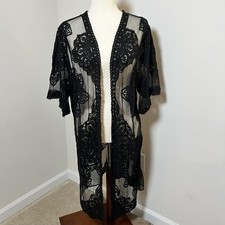 Womens Kimono Top Black Sheer Lace Embroidered Duster Whimsigoth Dark Fairy Boho