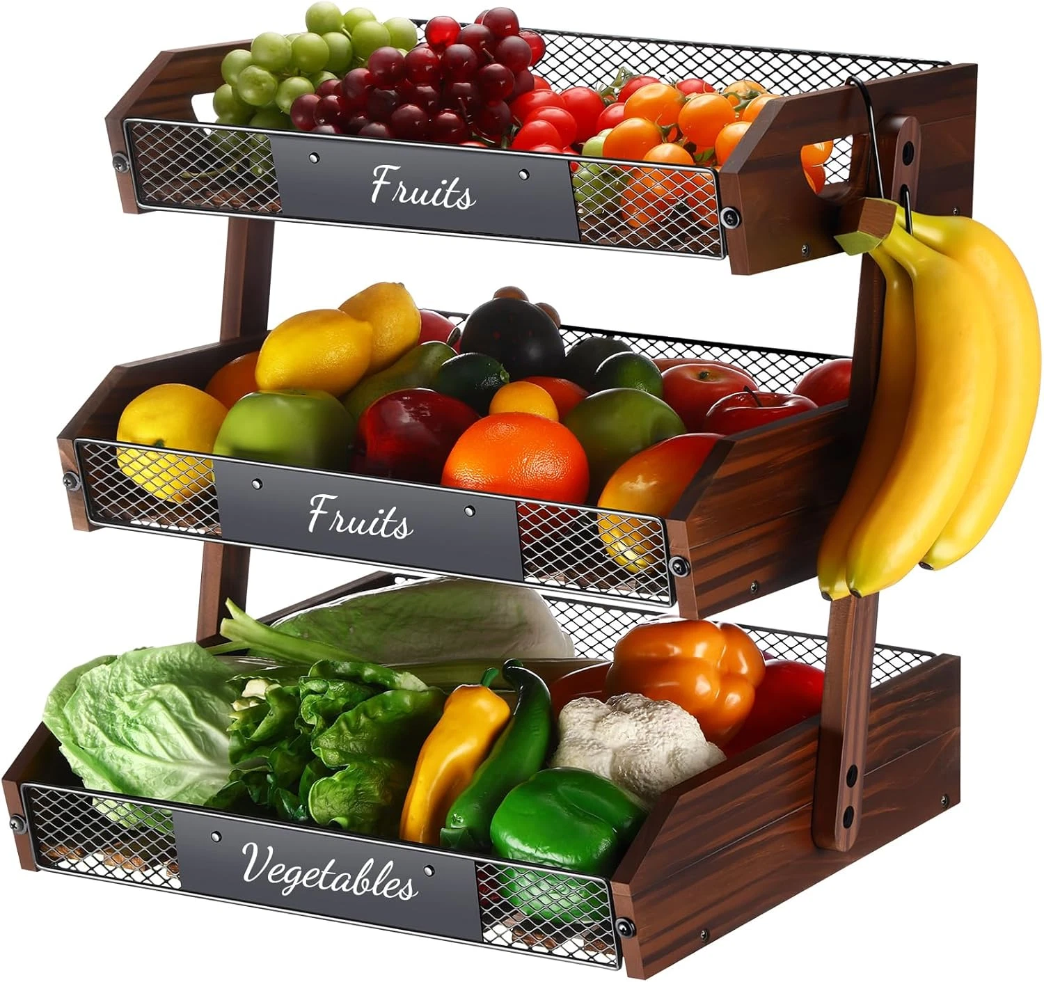 3-Tier Wooden Fruit Basket with Hangers - Kitchen Counter Organizer