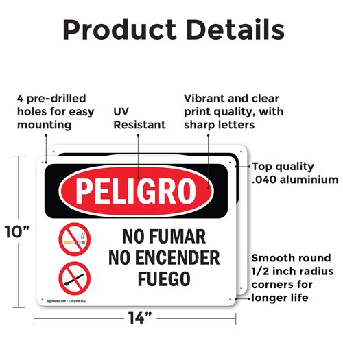 (2 Pack) No Smoking No Open Flames Spanish OSHA Danger Sign Decal Metal Plastic - Bild 2 von 21