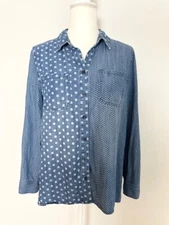 Chico's Womens Button Down Shirt Size 1 Blue Chambray Polka Dot Roll Tab Sleeve