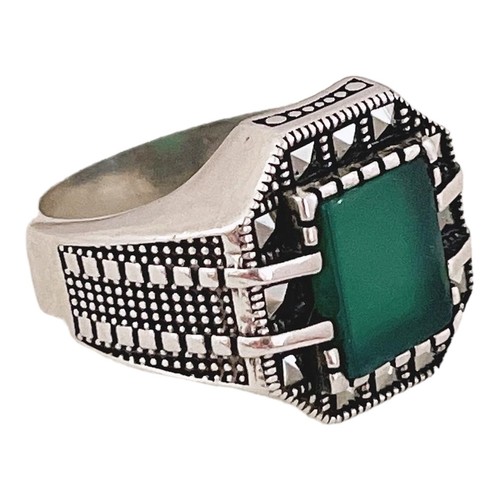 Anello In Vera Argento Sterling 925 Con Pietre Di Agata Verde E Marcasite #2 - Foto 2 di 6