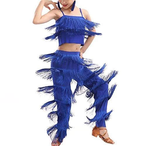 2 Piece Kid Girls Latin Ballroom Dance Costume Tassels Fringe