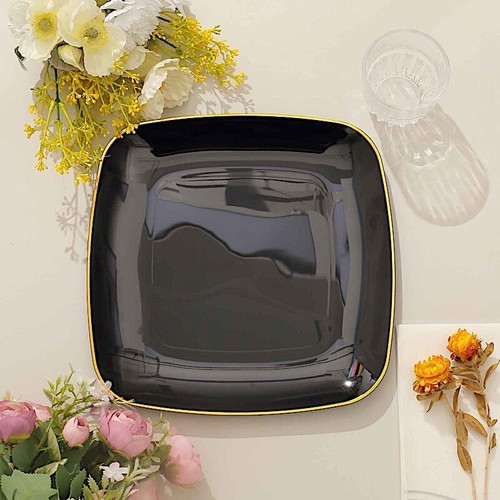 10 Square 10 in Disposable Salad Dinner Plastic PLATES Gold Trim Party Events - Picture 4 of 25
