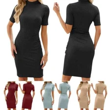 Slim Womens Short Sleeve Party Bodycon Dress High Neck Fit Mini Dress Fashion